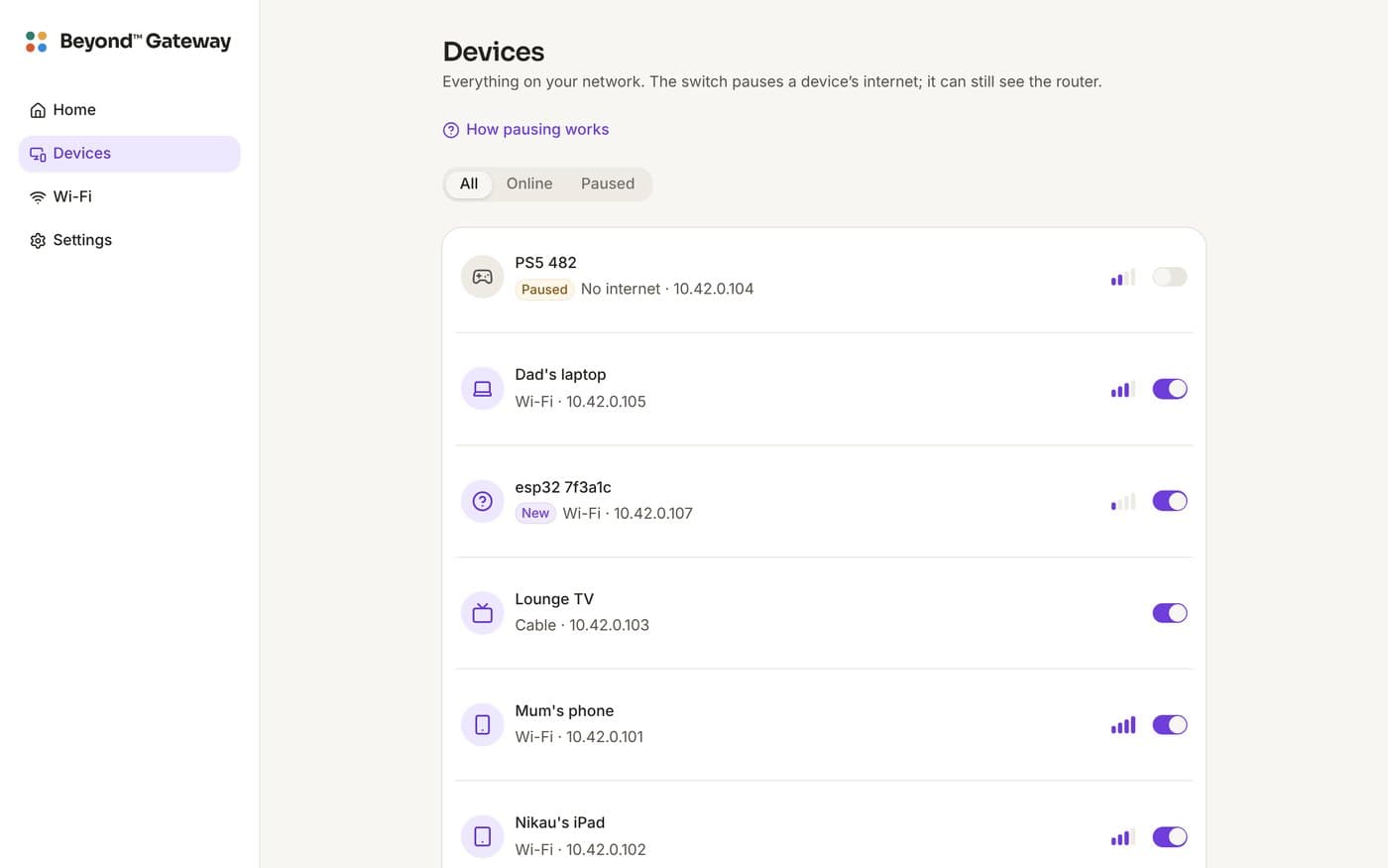 Devices: every phone, TV and laptop in the house, with a switch to pause each one