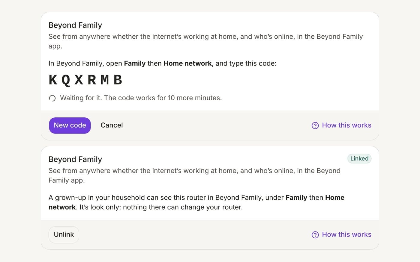 Connect to Beyond Family: a short code links the router, then a grown-up can see from anywhere whether the internet is working