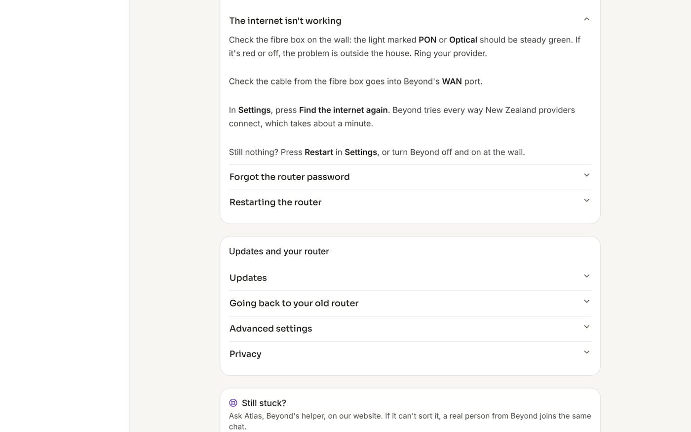 Help inside the app: plain answers, like what to do when the internet isn't working