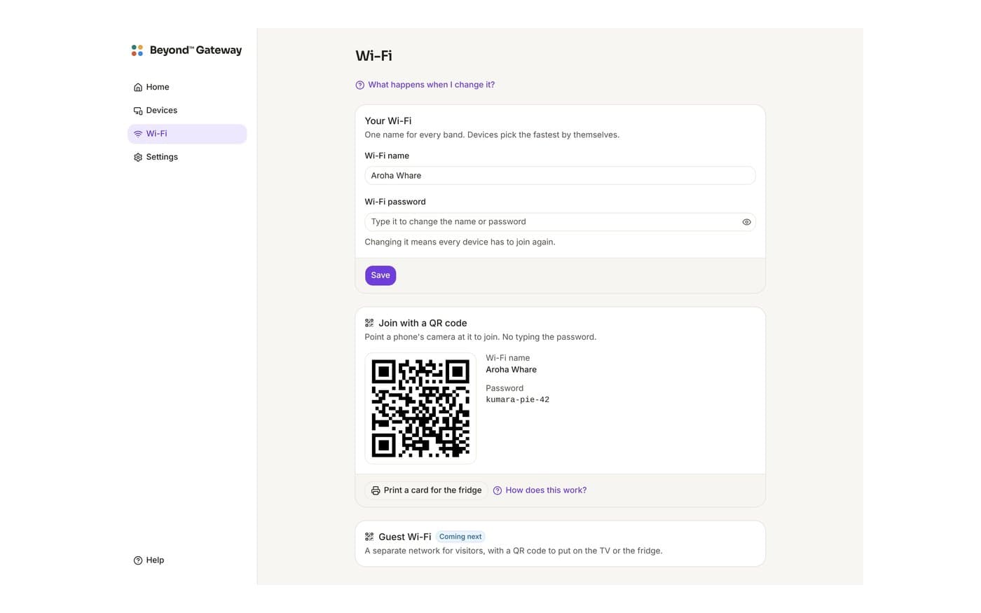 Wi-Fi: one name for every band, and a QR code so a visitor's phone joins without typing the password