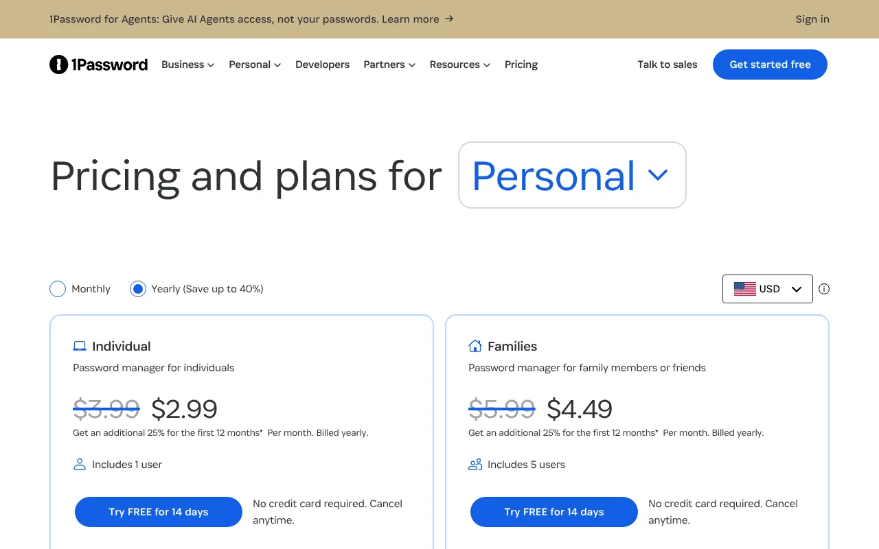 1Password's plans page, showing the Individual and Families plans, each with a Try free button