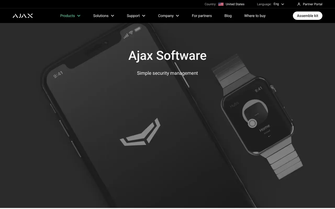 The Ajax software page, showing the Ajax app on a phone and a smart watch