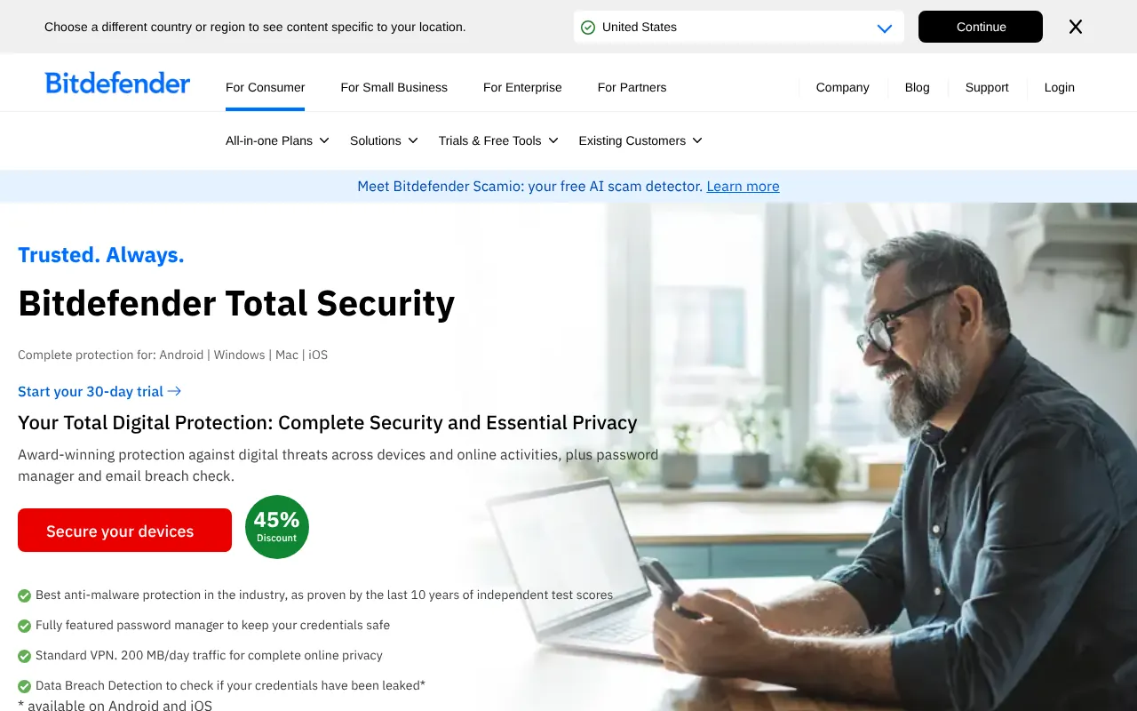Bitdefender's Total Security page, with a Secure your devices button and a link to start a 30-day trial