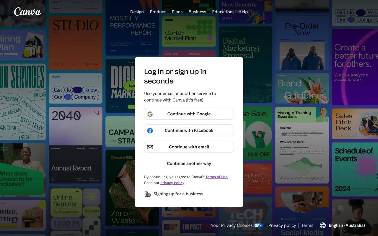 Canva's Log in or sign up box, with Google, Facebook and email buttons