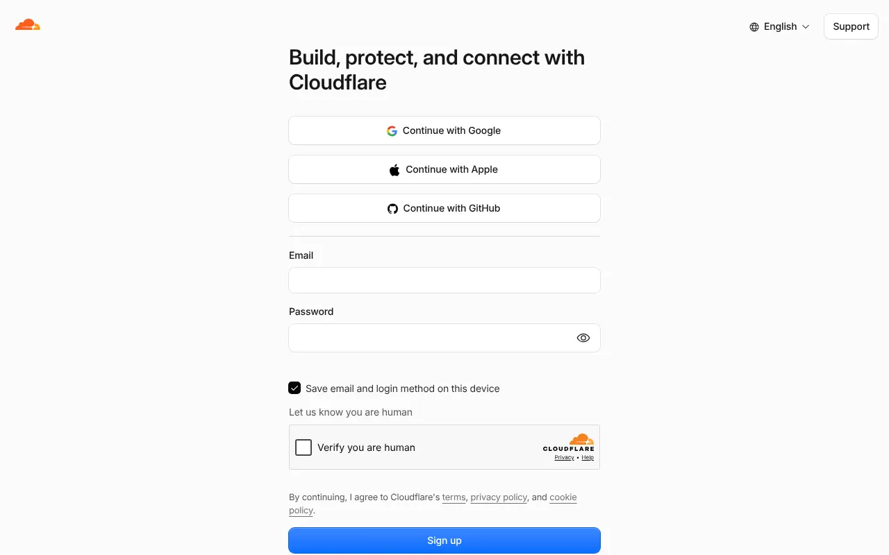 Cloudflare's sign-up page, with Google, Apple and GitHub buttons and boxes for email and password