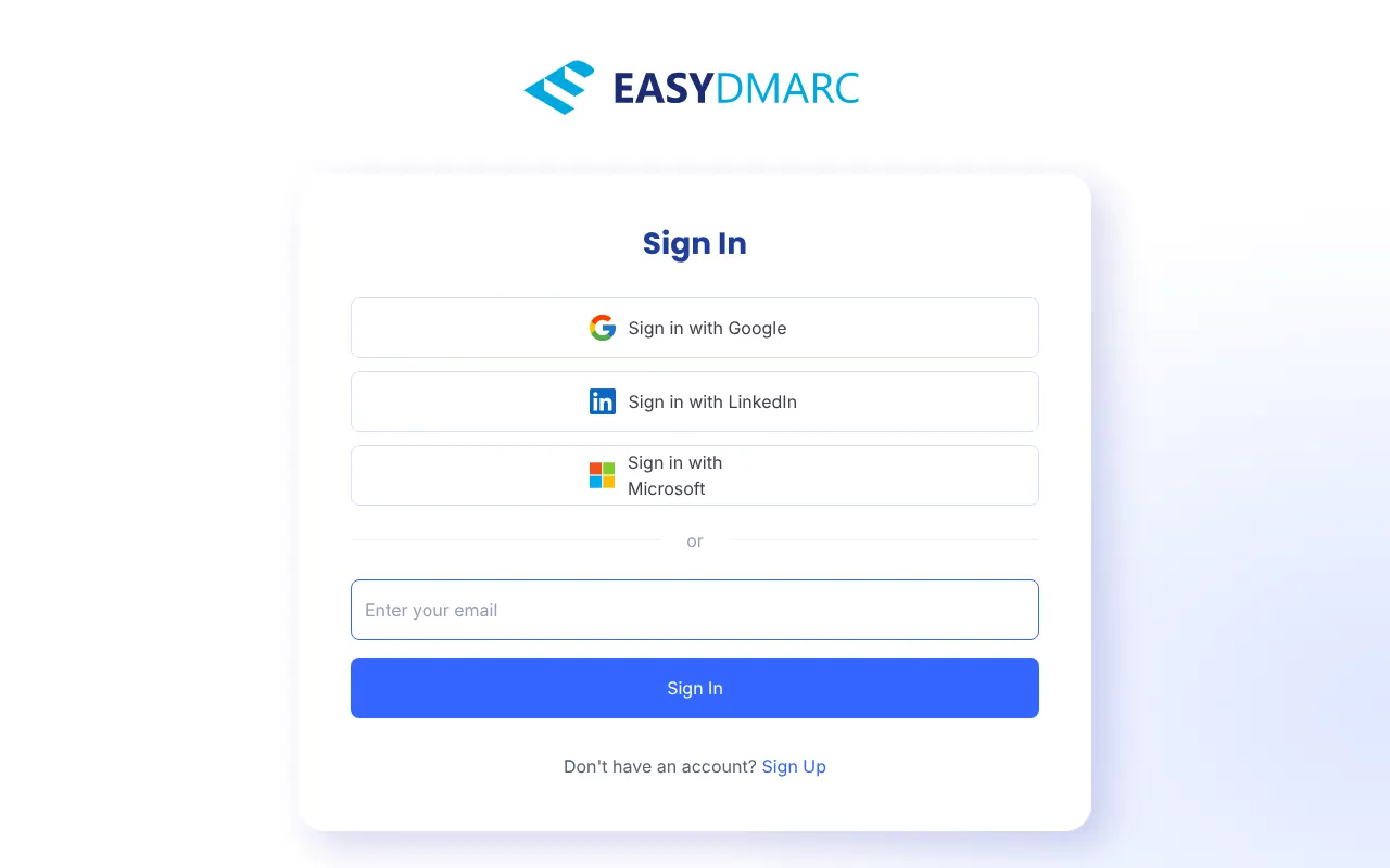 EasyDMARC's sign-in page, with Google, LinkedIn and Microsoft buttons and a Sign Up link at the bottom