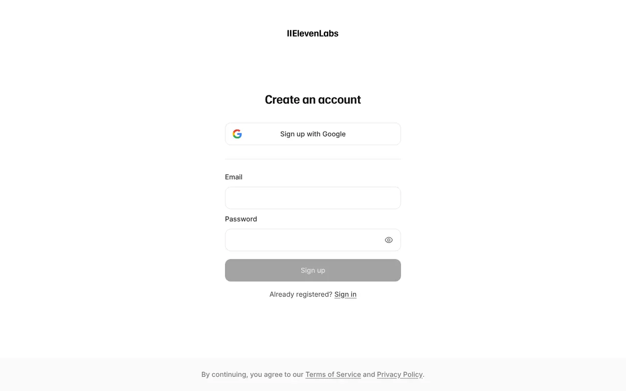 ElevenLabs' Create an account page, with a Sign up with Google button and email and password boxes