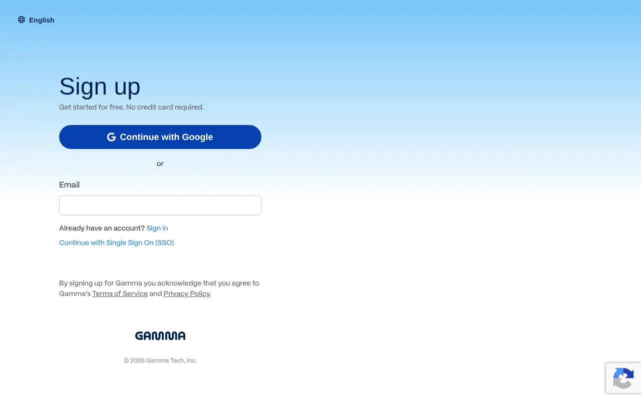 Gamma's sign-up page, with a Continue with Google button and a box for your email