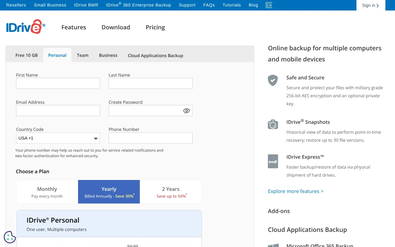IDrive's sign-up page, with boxes for your name, email and password and a choice of plans