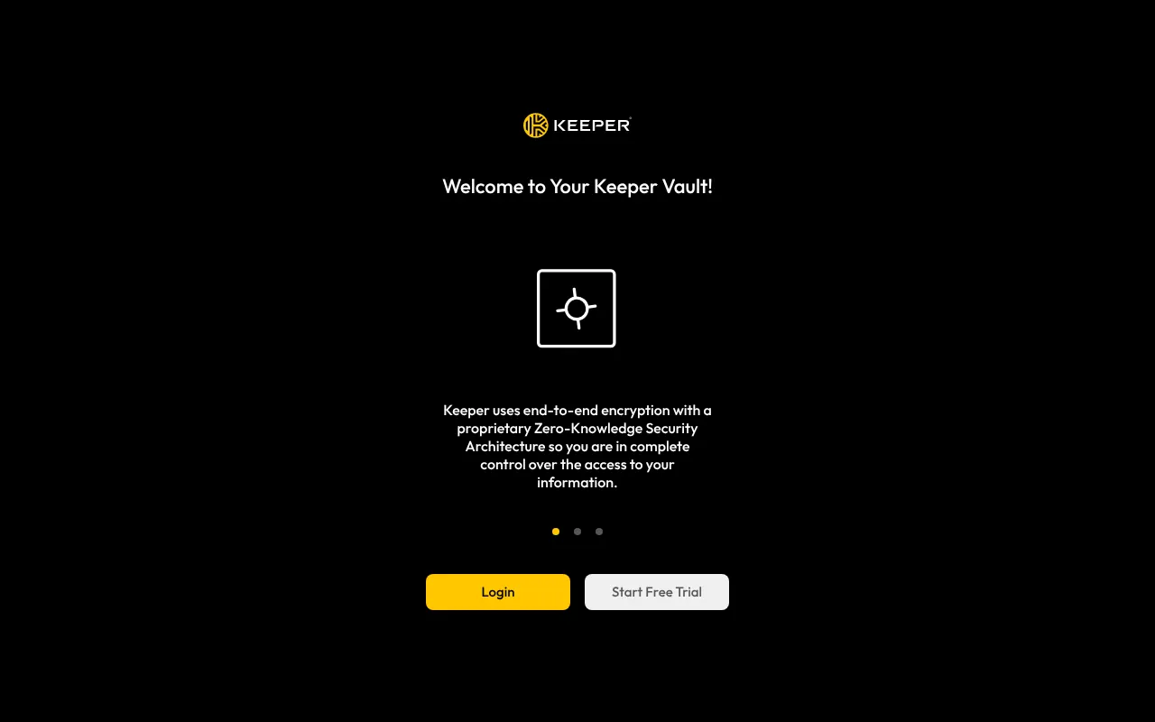 The Keeper Vault welcome screen, with Login and Start Free Trial buttons
