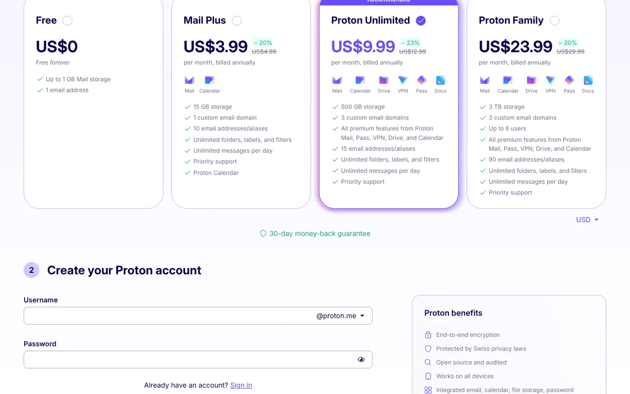 The Create your Proton account form, with a Username box ending in @proton.me and a Password box