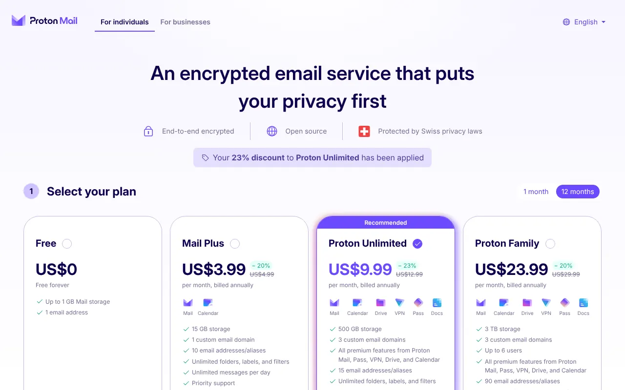 Proton Mail's sign-up page, showing the Free, Mail Plus, Proton Unlimited and Proton Family plans
