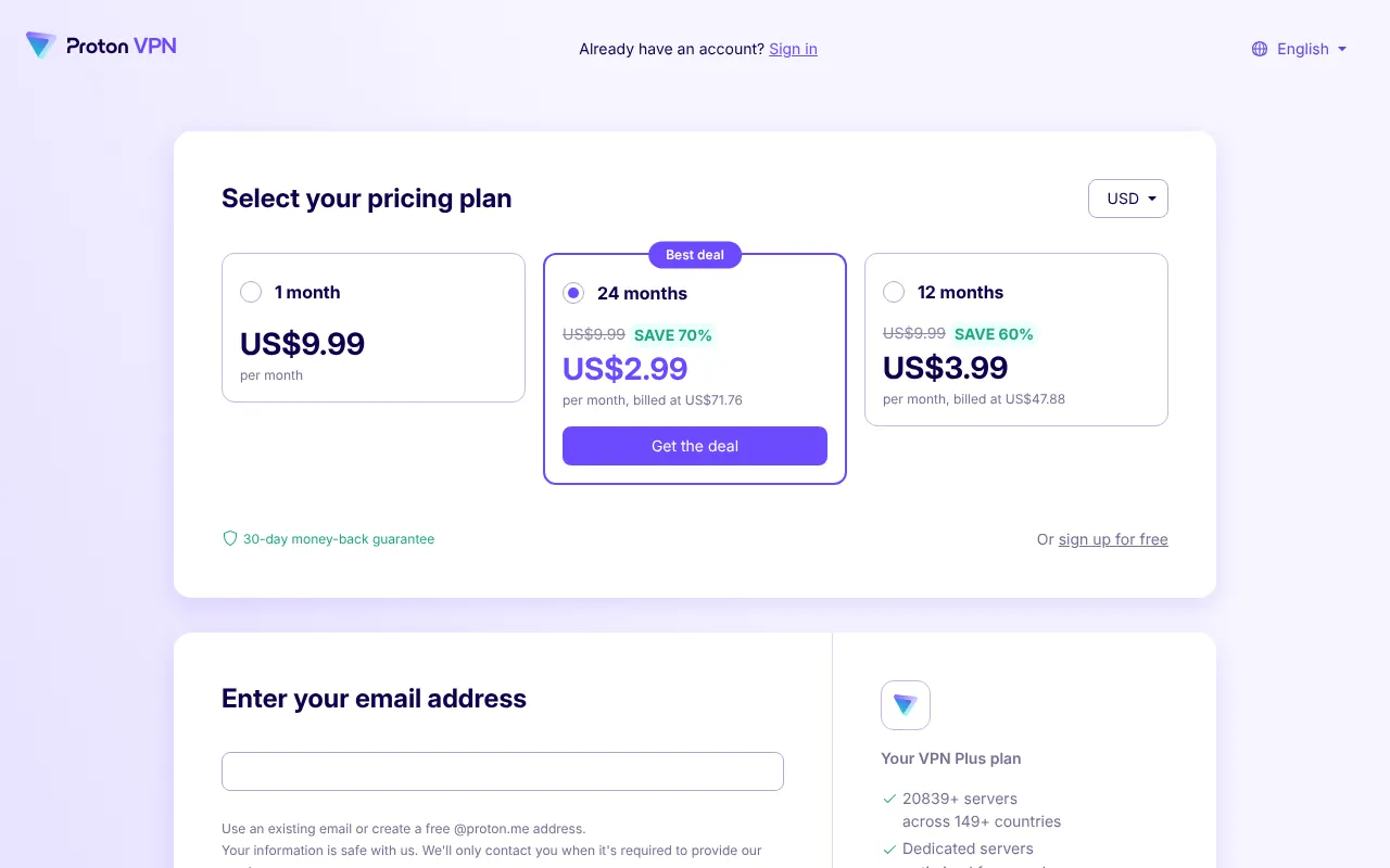 Proton VPN's sign-up page, with a choice of plans and a box for your email address