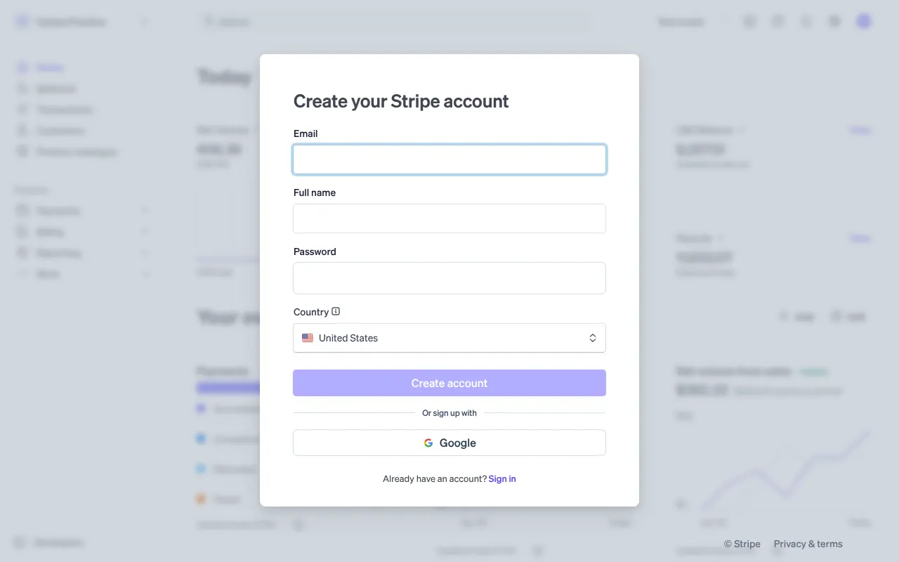 The Create your Stripe account form, with boxes for email, full name, password and country