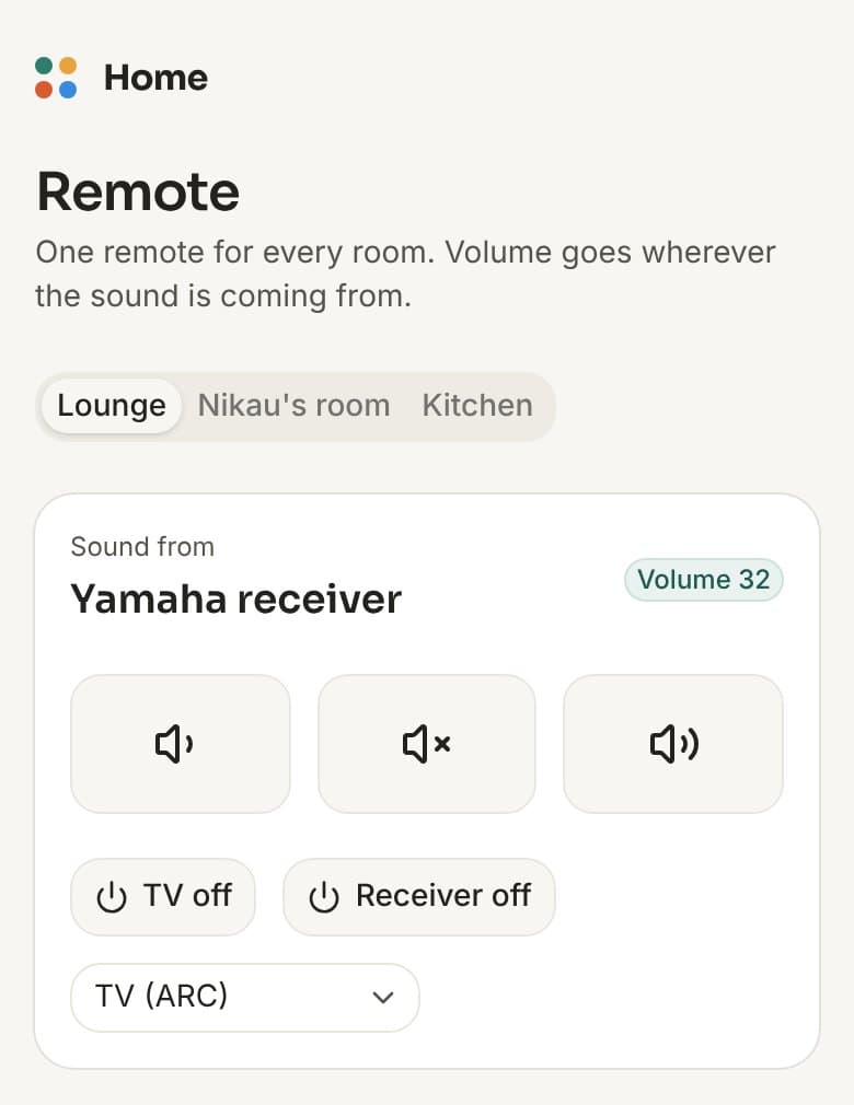 The one remote on a phone: volume down, mute and up for the Yamaha receiver, TV and receiver off, and the input set to TV (ARC)