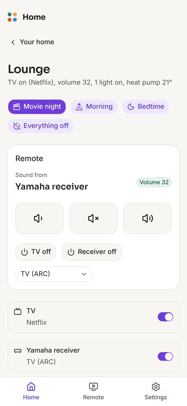 The Lounge on a phone: Movie night, Morning, Bedtime, the remote with the sound coming from the Yamaha receiver, and the TV on Netflix
