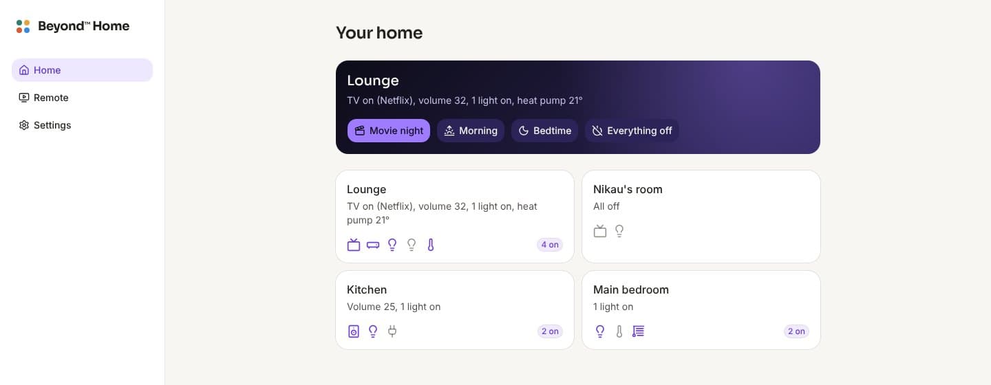 Beyond Home on a laptop: Your home, with Movie night, Morning, Bedtime and Everything off for the Lounge, and a line for every room