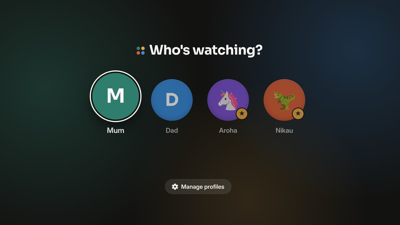 Who's watching: Mum, Dad, and two kids' profiles with a unicorn and a dinosaur